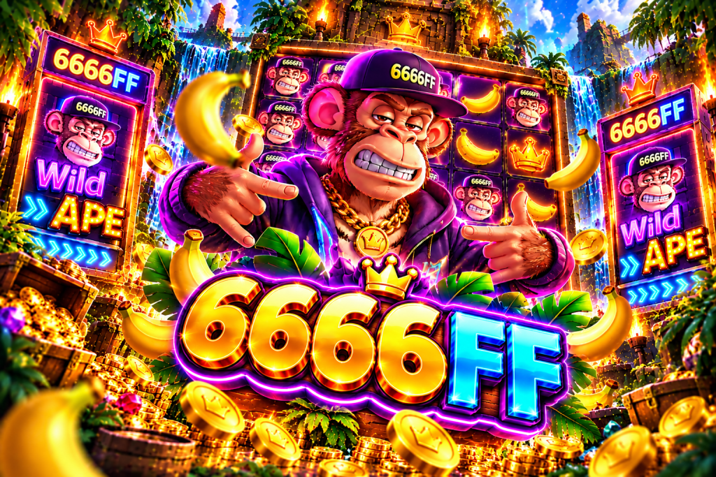 Game Wild Ape 6666FF dengan karakter monyet, pisang, koin emas, dan suasana hutan neon