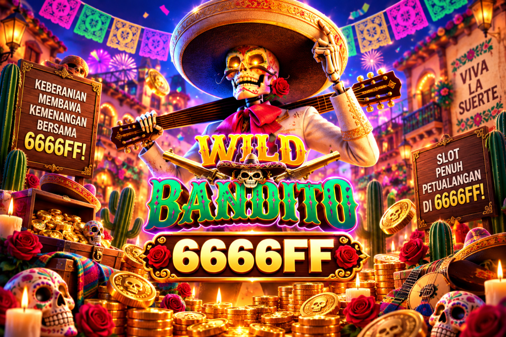 Game Wild Bandito 6666FF dengan bandit mariachi, gitar, koin emas, kaktus, peti harta, dan suasana festival Meksiko