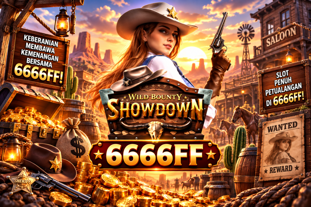 Game Wild Bounty Showdown 6666FF dengan cowgirl, revolver, koin emas, peti harta, kaktus, dan suasana Wild West