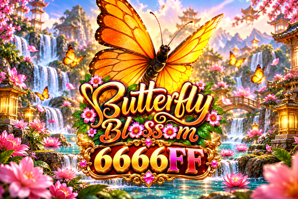 6666FF Butterfly Blossom dengan kupu-kupu oranye, bunga merah muda, air terjun, dan taman fantasi