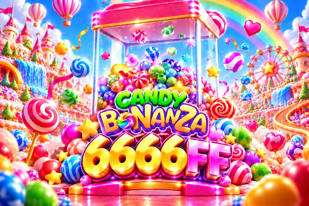 Game Candy Bonanza 6666FF dengan mesin permen warna-warni, lolipop, kastel fantasi, pelangi, bianglala, dan dunia permen yang ceria