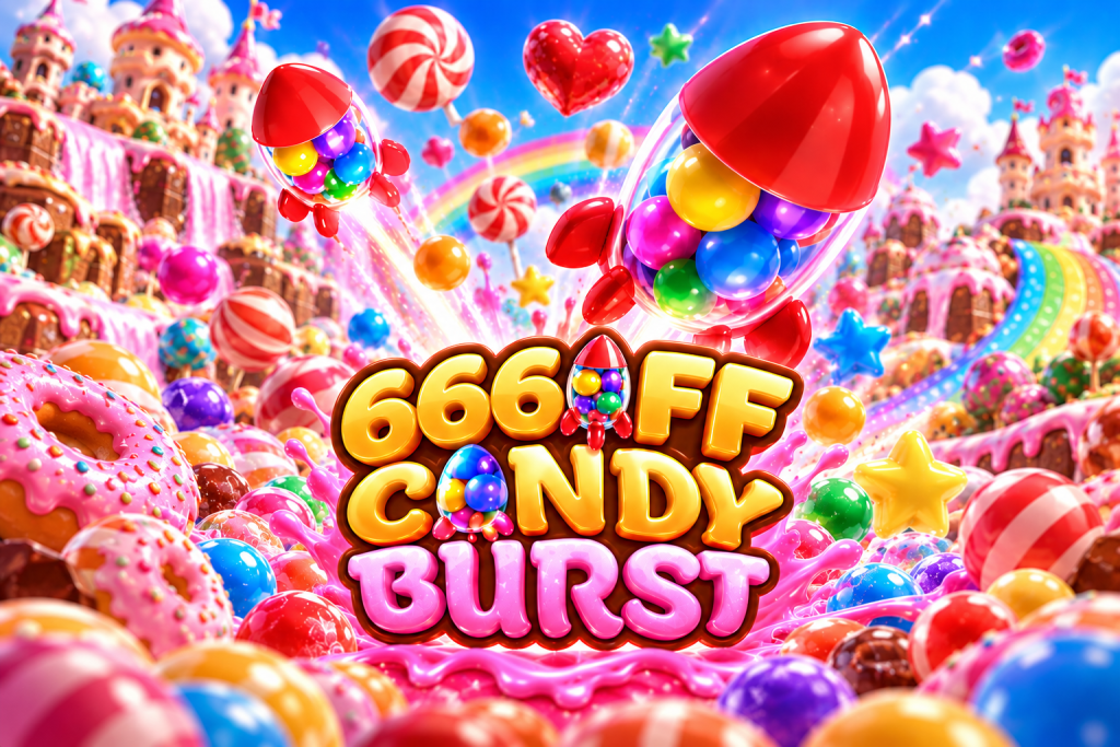 6666FF Candy Burst with candy rockets, colorful sweets, rainbow, pink syrup, and a fantasy candy castle