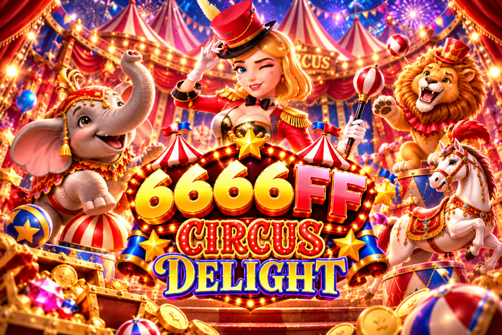 6666FF Circus Delight with a female ringmaster, elephant, lion, circus horse, fireworks, coins, and festive lights