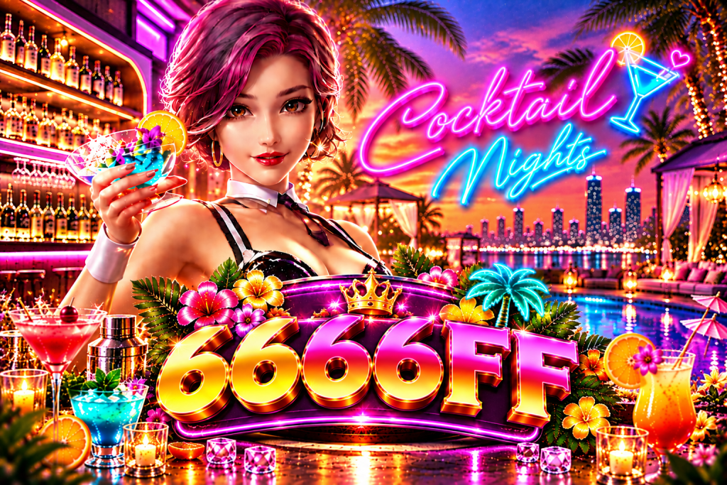 Game Cocktail Nights 6666FF dengan wanita berambut ungu, koktail tropis, lampu neon warna-warni, dan suasana bar tepi kolam saat matahari terbenam