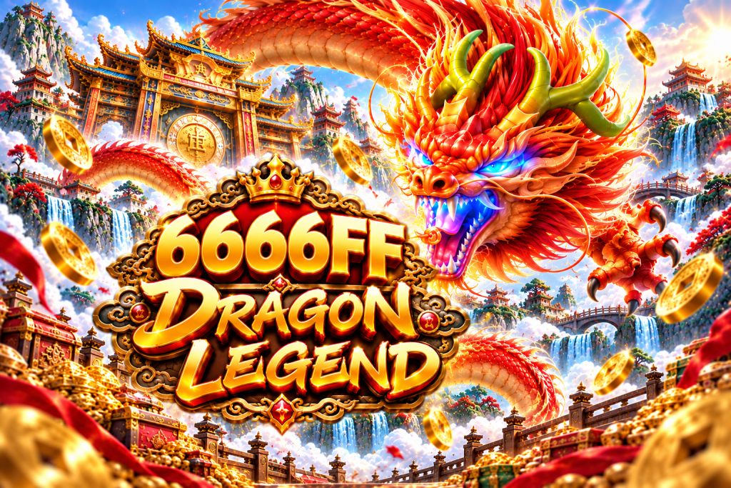6666FF Dragon Legend with a fiery golden dragon, ancient temples, waterfalls, clouds, treasure, and flying gold coins