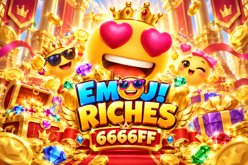 6666FF Emoji Riches dengan emoji hati, koin emas, permata warna-warni, hadiah, dan peti harta