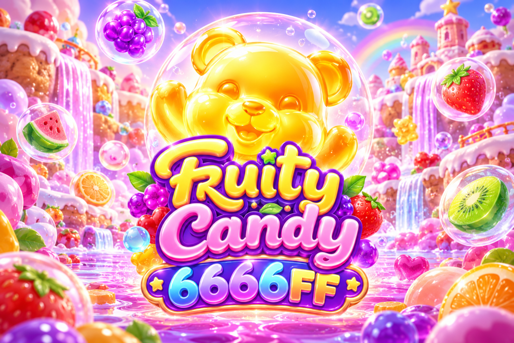 6666FF Fruity Candy dengan beruang emas, buah warna-warni, permen manis, gelembung, dan dunia fantasi