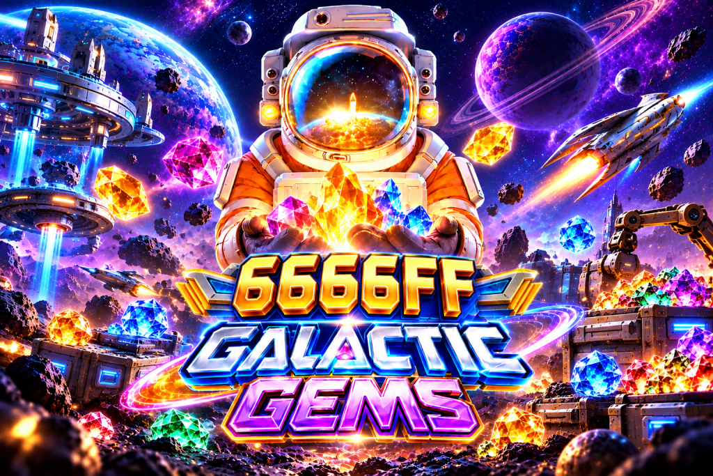 6666FF Galactic Gems dengan astronaut, kristal bercahaya, planet warna-warni, asteroid, dan stasiun luar angkasa