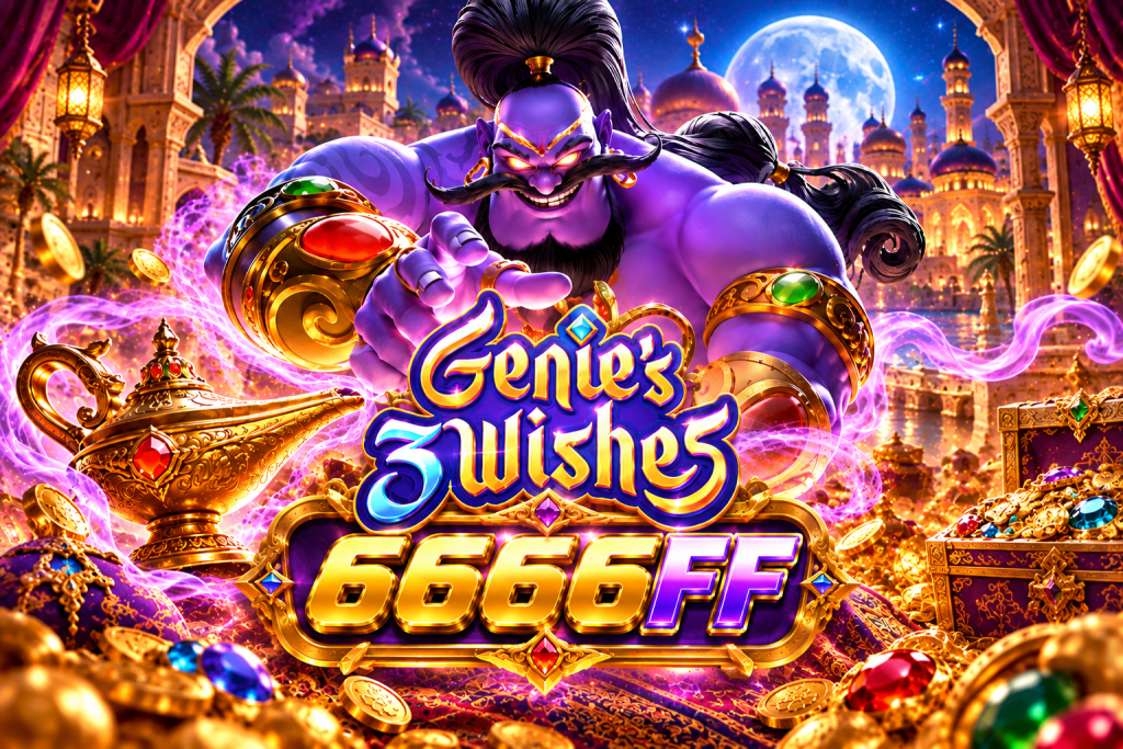 6666FF Genie’s Wishes dengan jin ungu, lampu ajaib, istana malam, dan harta berkilau