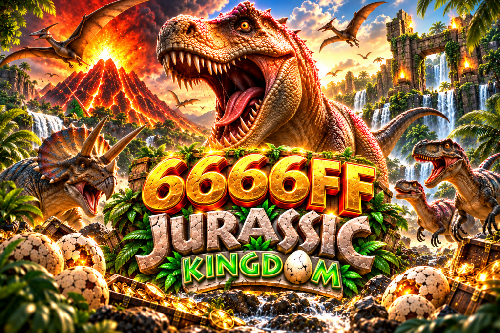 6666FF Jurassic Kingdom with a roaring T-Rex, erupting volcano, triceratops, raptors, dinosaur eggs, jungle ruins, waterfalls, and golden treasure