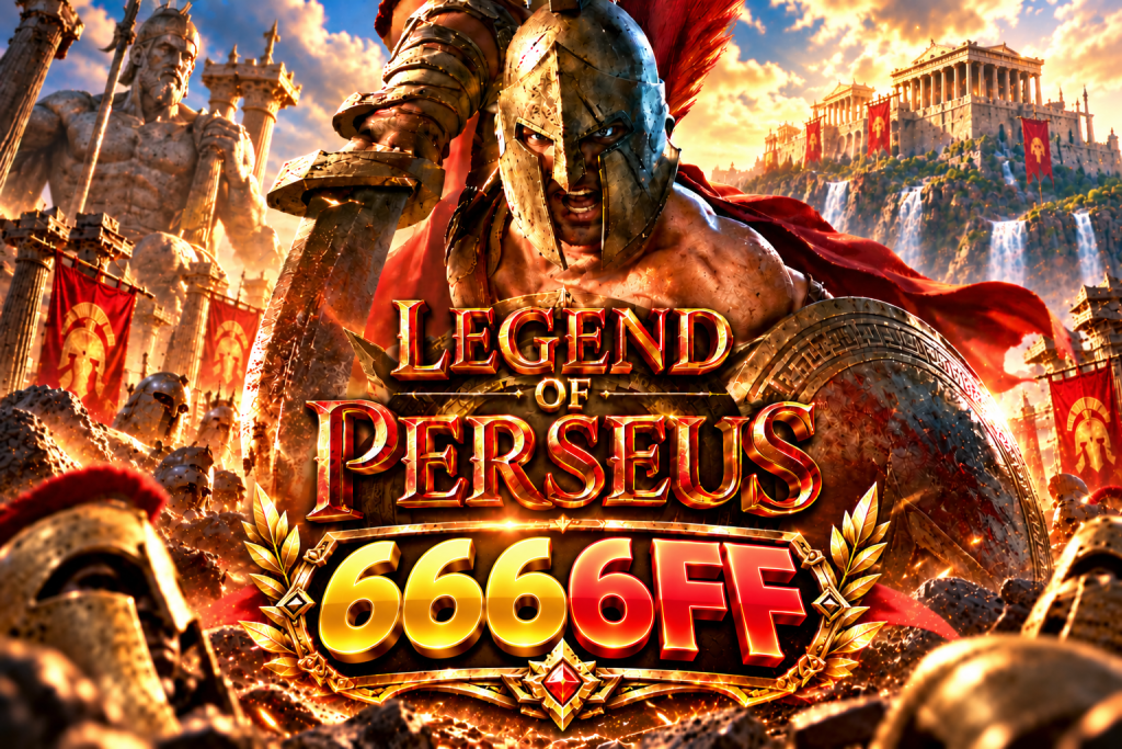 Game Legend of Perseus 6666FF dengan prajurit Yunani, pedang, perisai, kuil kuno, dan medan pertempuran epik