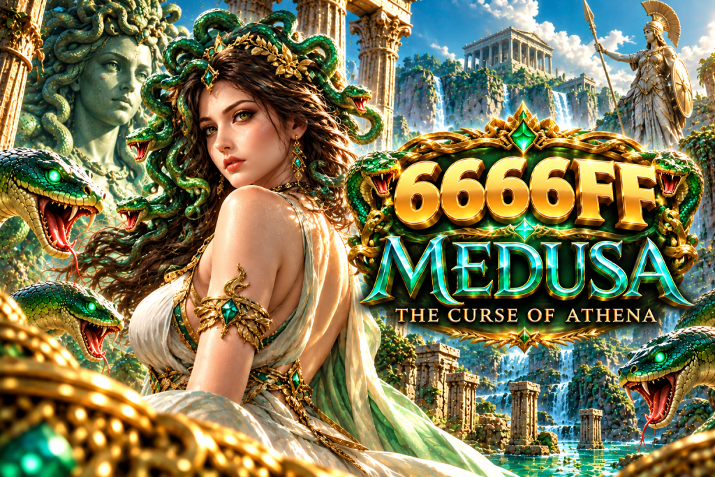 6666FF Medusa The Curse of Athena with emerald serpents and ancient Greek ruins
