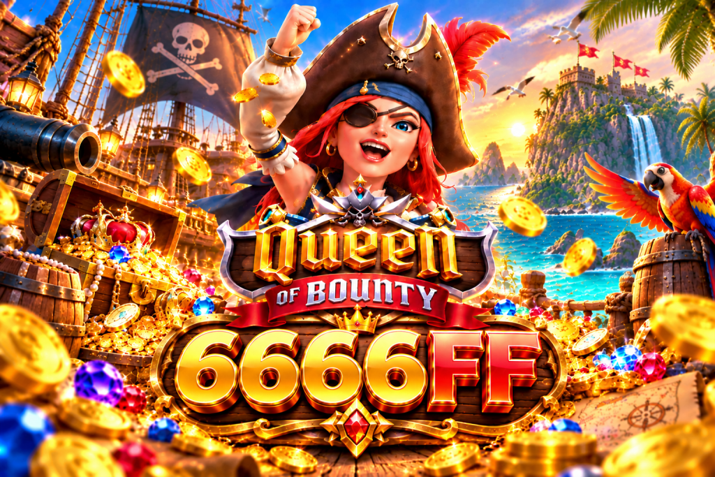 Game Queen of Bounty 6666FF dengan ratu bajak laut, kapal, peti harta karun, koin emas, permata, burung beo, dan pulau tropis