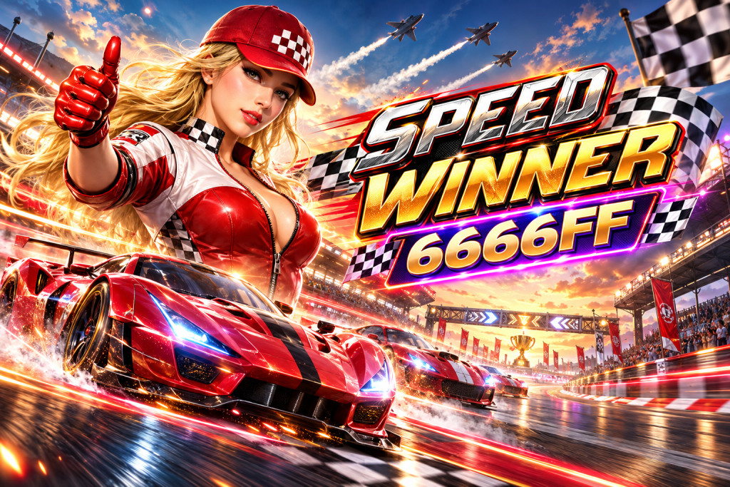 6666FF Speed Winner with a female racer, red sports cars, checkered flags, fighter jets, and a glowing racetrack