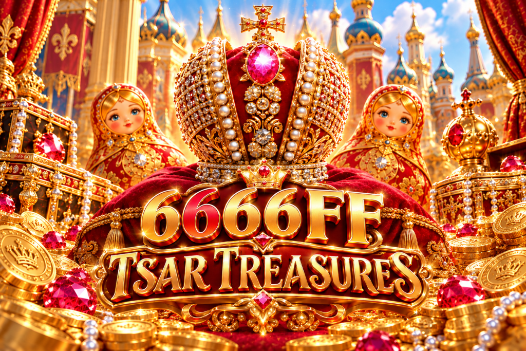 6666FF Tsar Treasures dengan mahkota kerajaan, permata merah, koin emas, dan boneka matryoshka
